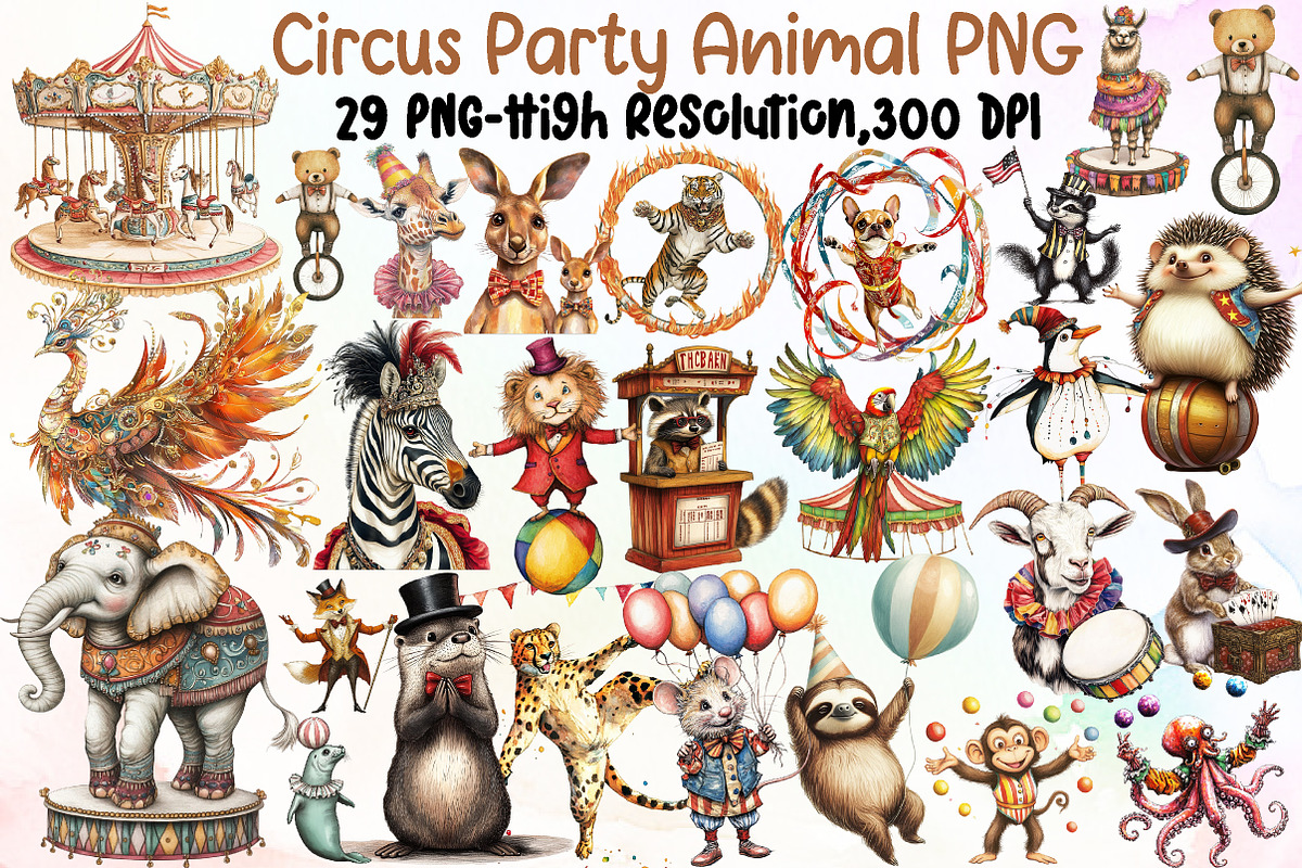 Watercolor Vintage Circus Party Anim, an Illustration by Sublimation Artist (Photo 1 of 6)