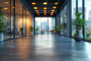 Modern business hallway with natural light and plants, an Architecture Photo by AlyaAnd