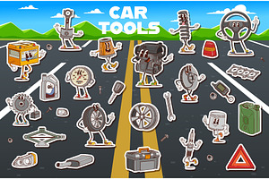 Groovy car spare parts characters, an Object Illustration by Vector Tradition