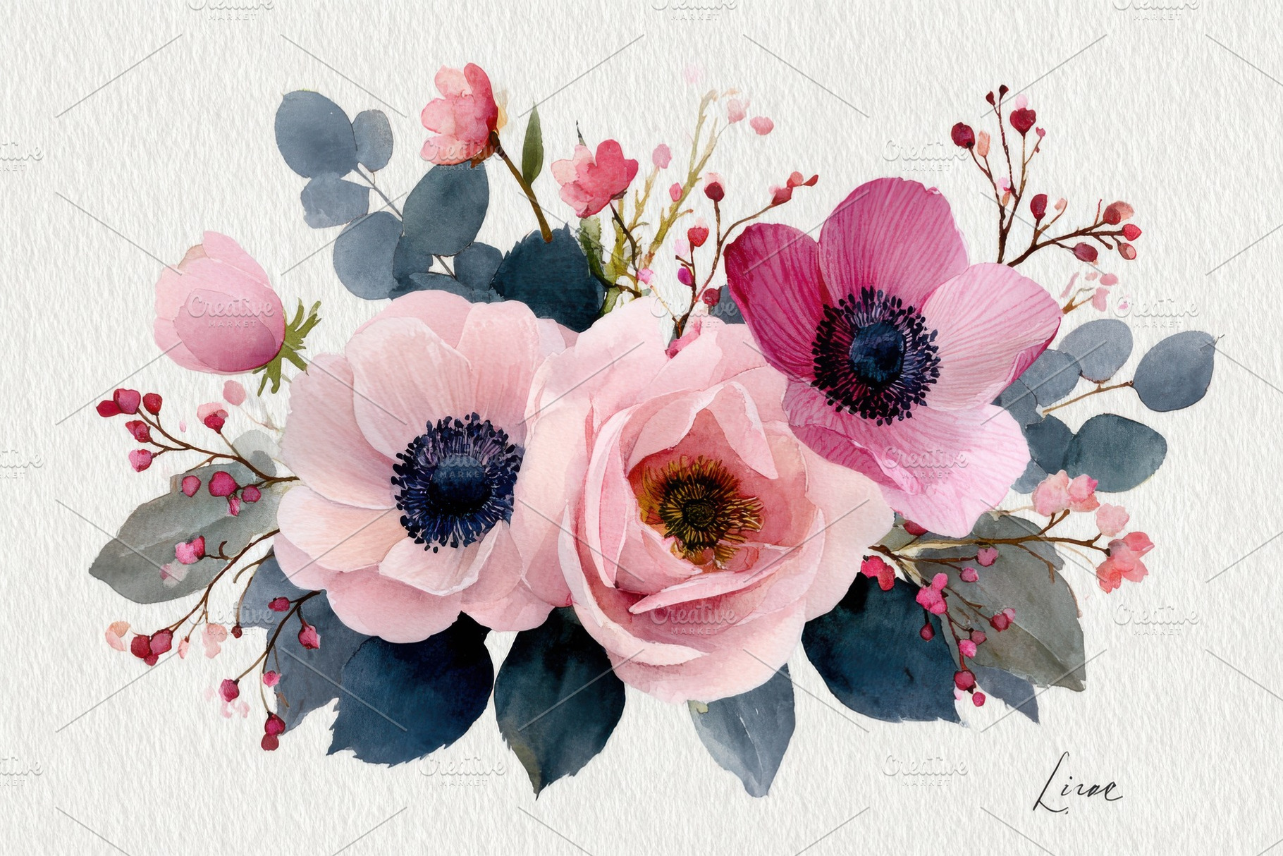 Watercolor Floral Bouquet Pink Roses, a Photo by Pixeness Studio