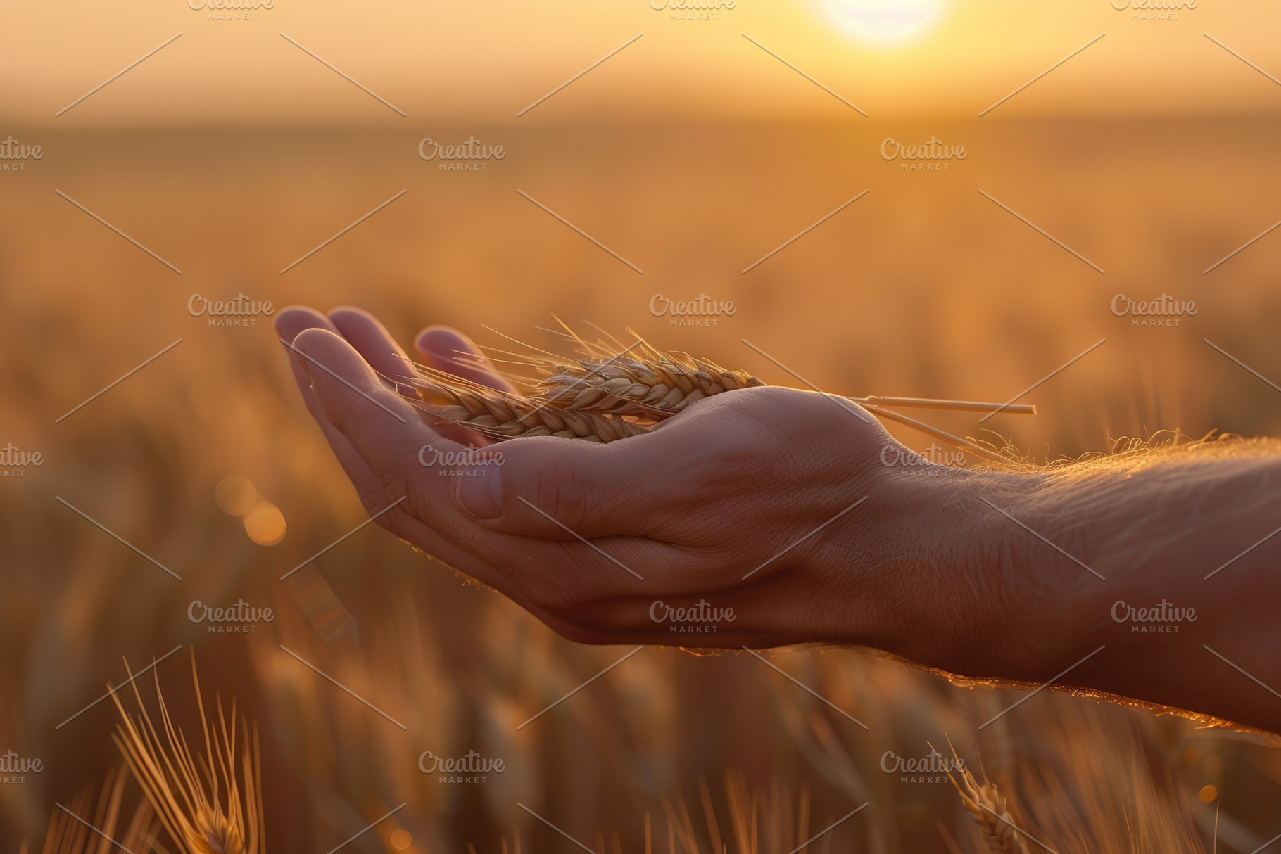 Female hands holding ripe wheat ears on yellow field background, a Nature Photo by AlyaAnd