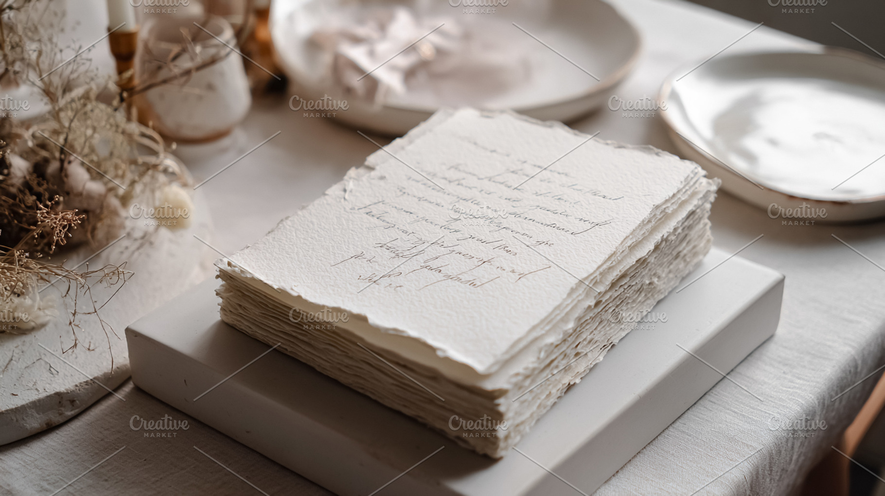Handmade paper stack on a white box, featuring elegant calligrap, a Photo by Studio ANNA