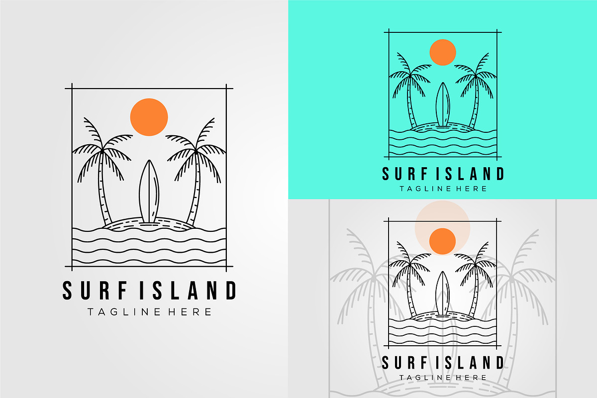 surfing island line art logo vector, an Object Graphic by Rizkaarishandy_shop (Photo 1 of 3)
