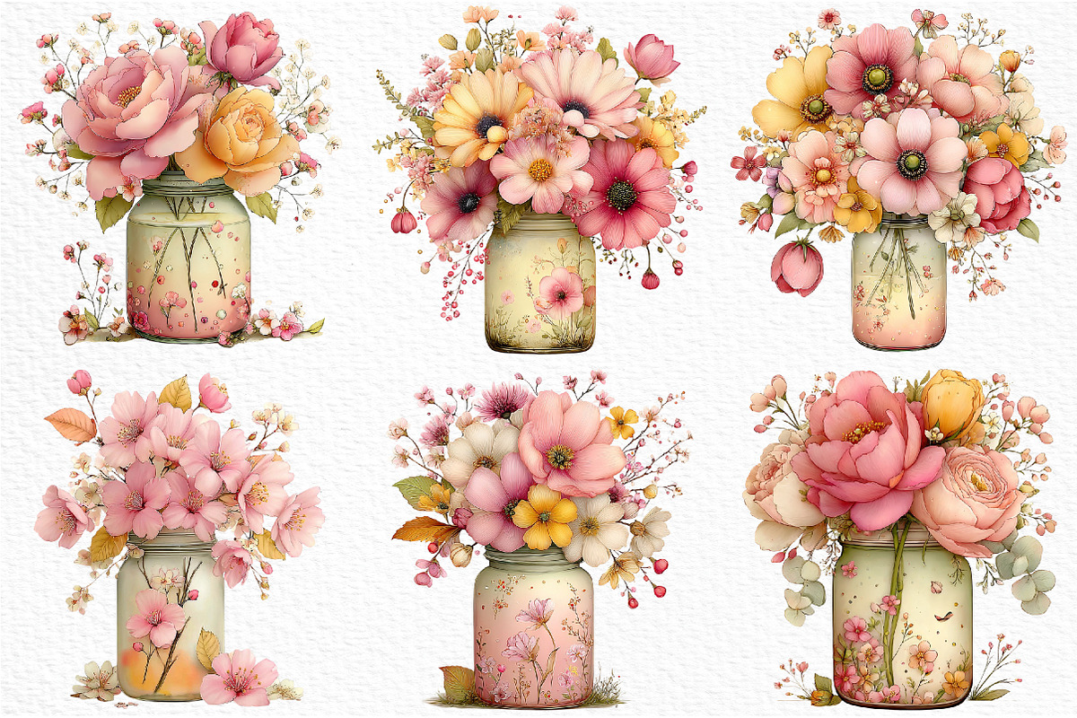 Watercolor Spring Mason Jar Clipart, an Illustration by Craft Nest (Photo 4 of 12)