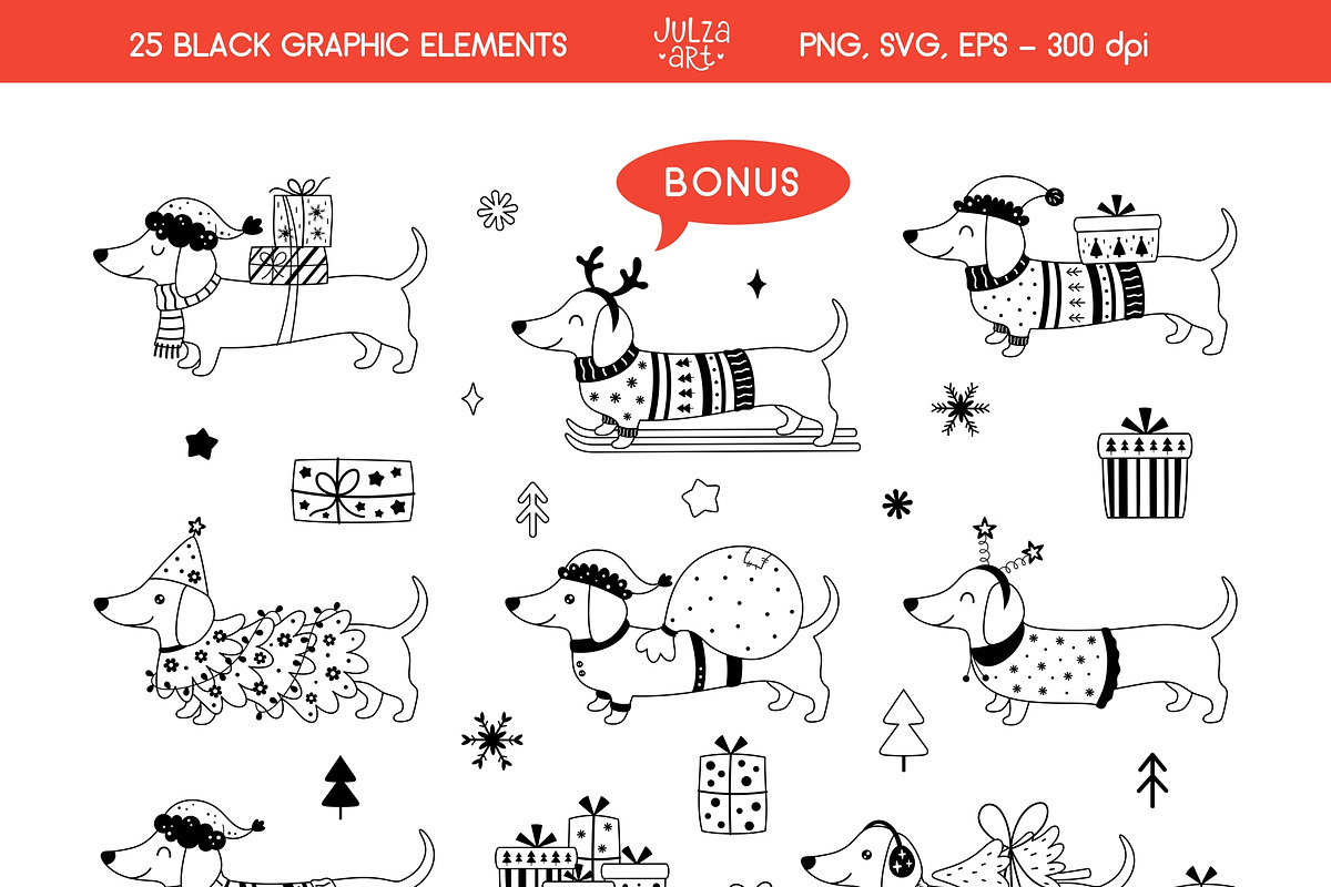 Christmas Dachshunds Collection, a Seasonal Illustration by JulzaArt (Photo 9 of 10)