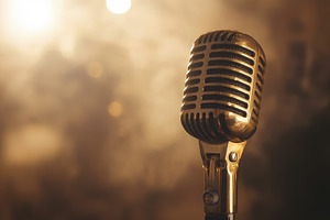 Golden Microphone with Warm Bokeh Lighting, an Abstract Photo by Natalia Klenova's Shop