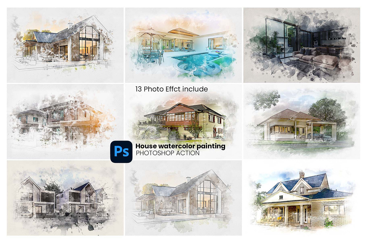 House Watercolor Painting, an Action Add-On by Photoshop Action (Photo 1 of 12)