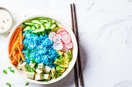 Blue rice poke bowl with tofu., a Food & Drink Photo by vaaseenaa