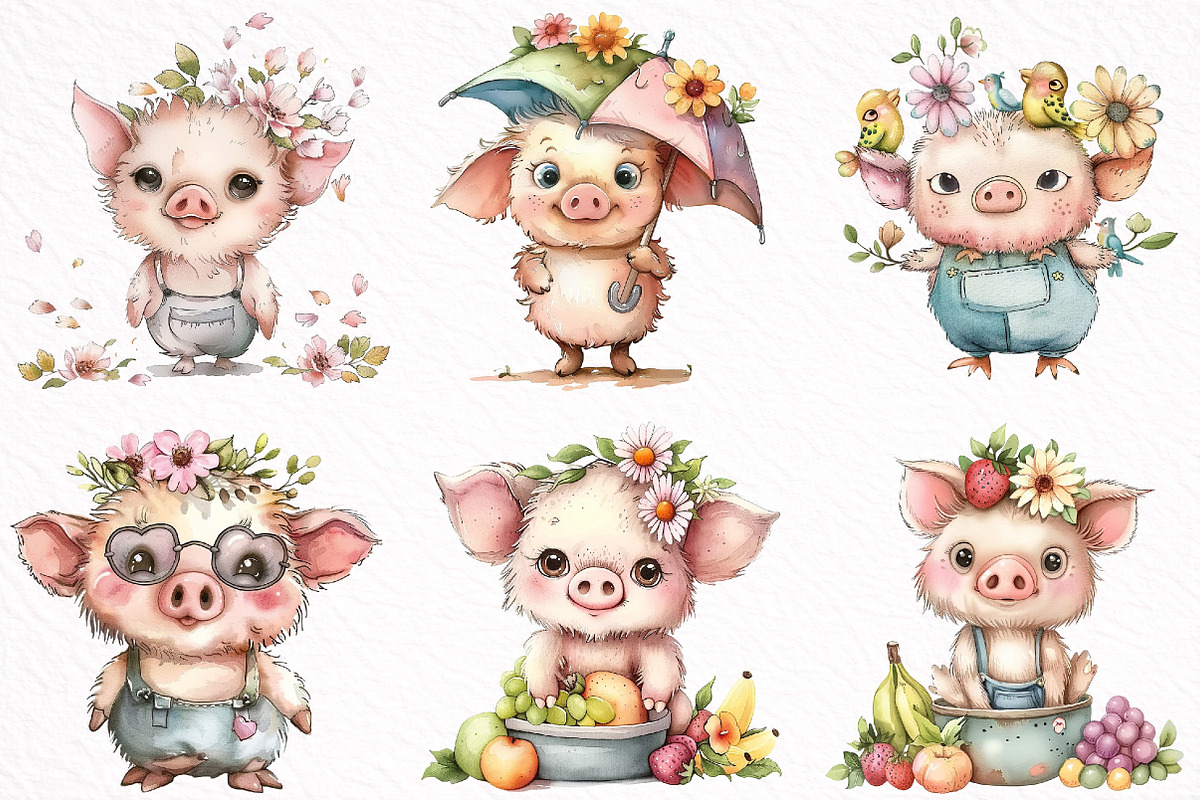 Whimsical Summer Pig Clipart, an Illustration by DreamArtGraphic (Photo 3 of 8)