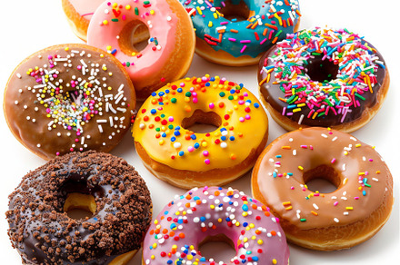 Colorful glazed donuts with sprinkle, a Background Photo by Pixeness