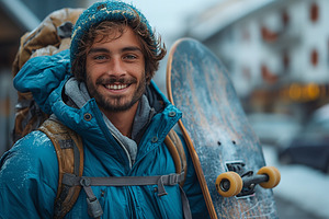 A smiling young man with a beard stands in a snowy setting, holding a skateboar, a Person Photo by ImageMir