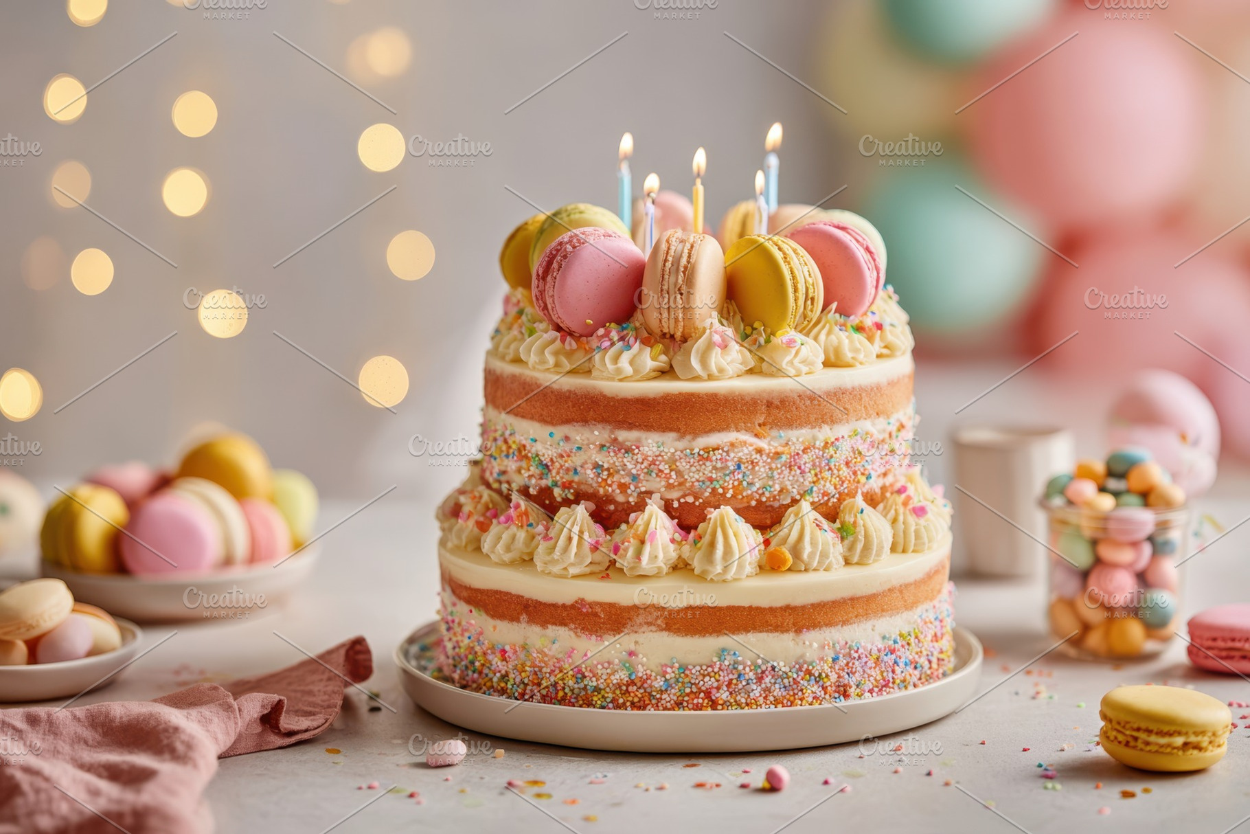 Pastel birthday cake with macarons and candles, a Food & Drink Photo by AlyaAnd
