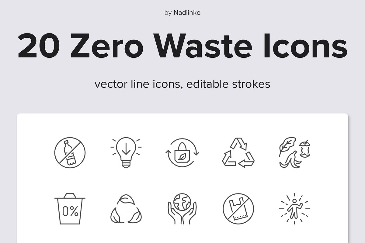 Zero Waste Lifestyle Icons, an Outline Icon by Nadiinko (Photo 1 of 2)