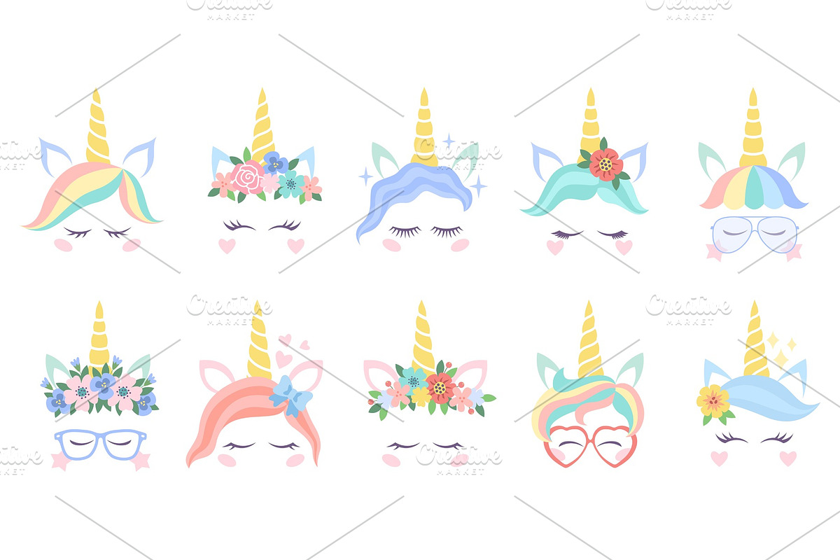 Unicorn face. Various cute pony, an Animal Illustration by YummyBuum
