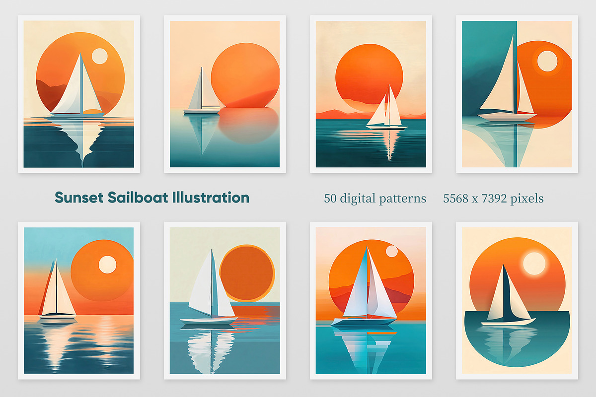Sunset Sailboat Illustration, a Decorative Illustration by Housui Patterns (Photo 2 of 9)
