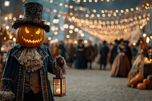 Pumpkin-headed figure in ornate vintage costume holding lantern, a Holiday Photo by José Manuel Gelpi