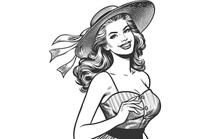 Woman Smiling in Sun Hat Dress, a Person Illustration by AlexArt