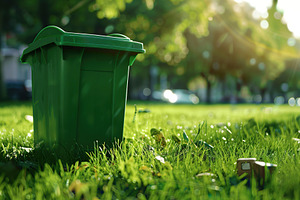 Green trash can on grass field in public park, a Nature Photo by AlyaAnd