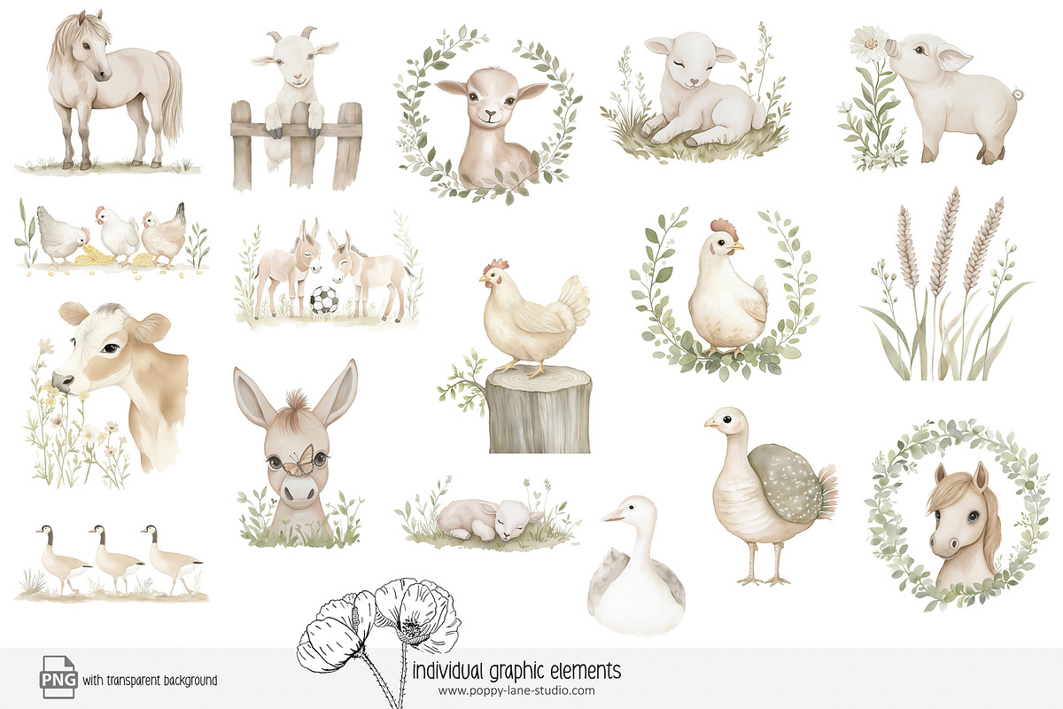 85 pastel farm animals clip art, an Animal Illustration by Poppy Lane Studio (Photo 4 of 11)