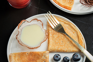 Pancakes with blueberry and honey on a white plate, a Food & Drink Photo by Budarinphoto