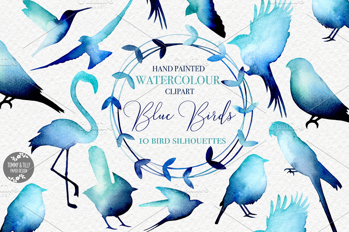 Bird Silhouettes Watercolour Clipart, an Illustration by Tommy & Tilly Design (Photo 1 of 3)