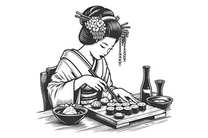 Japanese Woman cooking Sushi, a Person Illustration by AlexArt