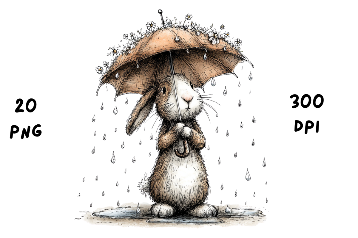 Whimsical Rainy Bunny Clipart, an Animal Illustration by GiraffeCreative (Photo 7 of 19)