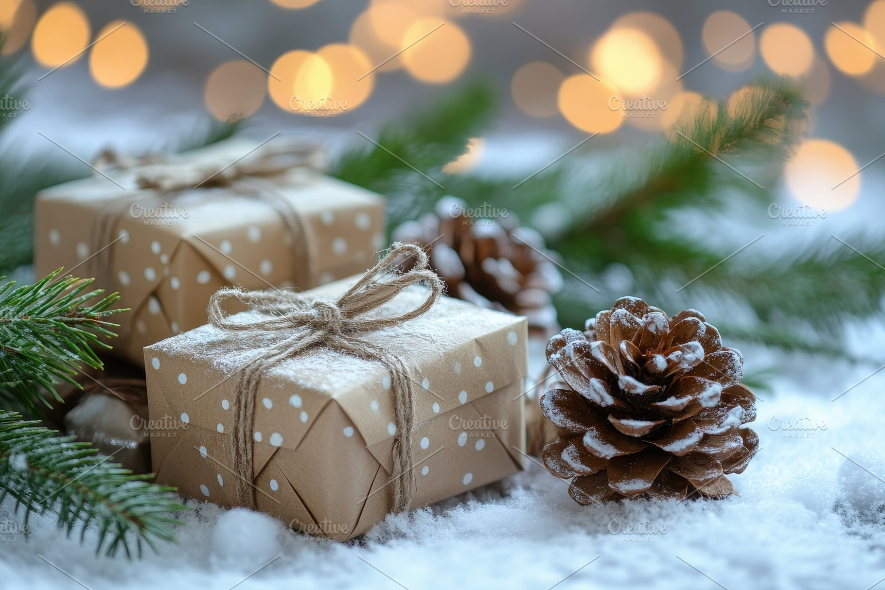 Gift boxes, pine cones, and branches, a Photo by Pavel_design