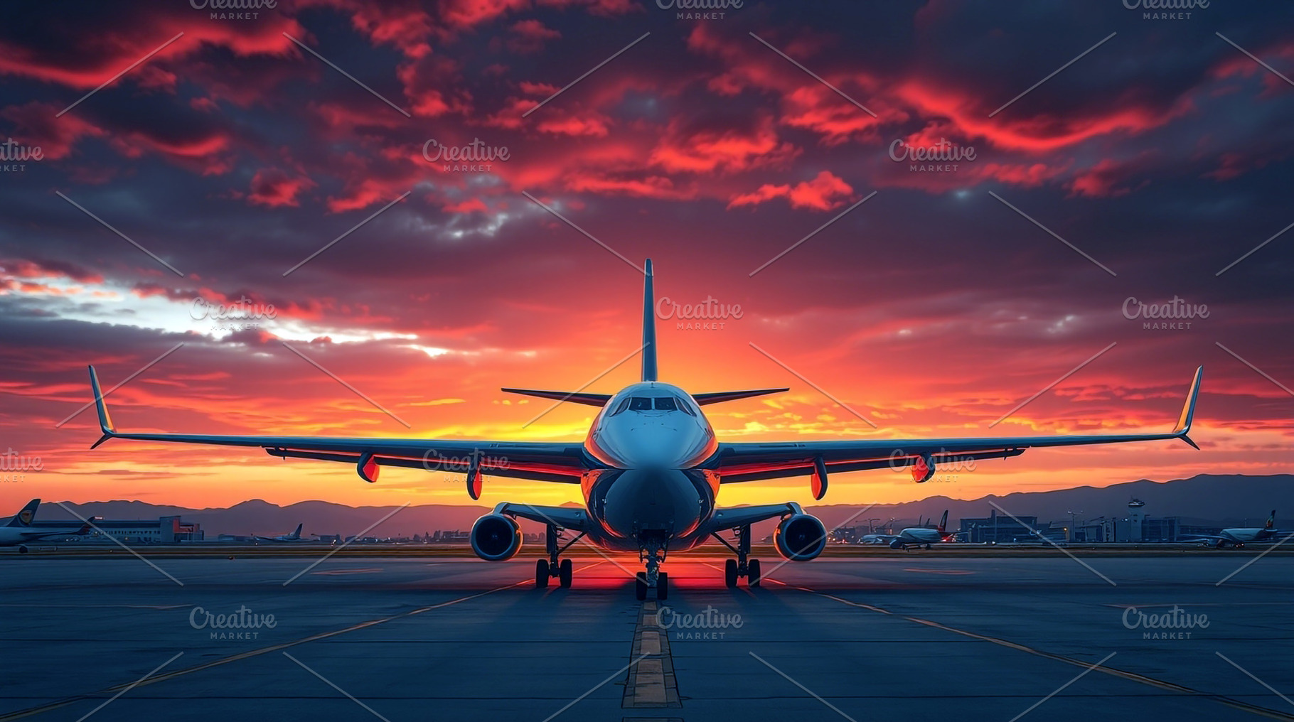 Airplane on Runway at Sunset, a Transportation Photo by Stock Shape