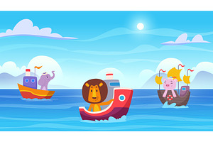 Animal boating. Ocean background, an Animal Illustration by Onyx