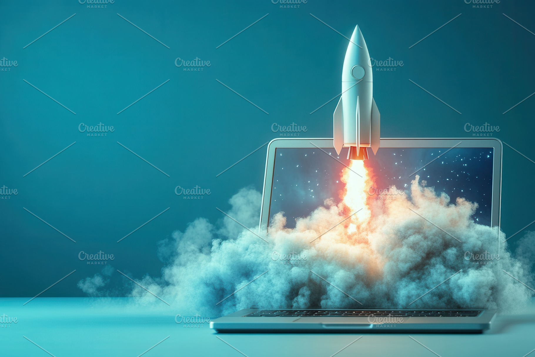 Rocket launches from laptop screen, a Photo by Pavel_design