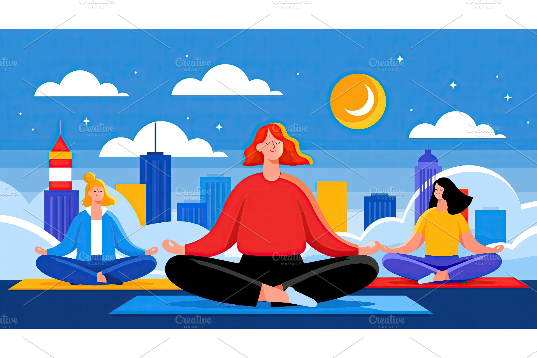 women meditate outdoors with city, a Nature Photo by Lermont51