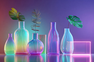 Colorful glass vases and geometric shapes display, a Nature Photo by AlyaAnd