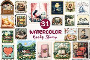 Reading Books Postage Stamp Clipat, an Illustration by CreationArt