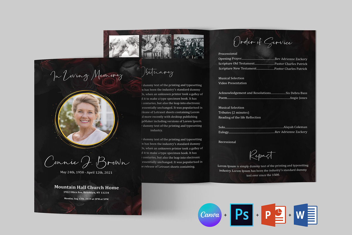 Rose Black Funeral Program Template, a Brochure Template by Designscozy (Photo 4 of 8)