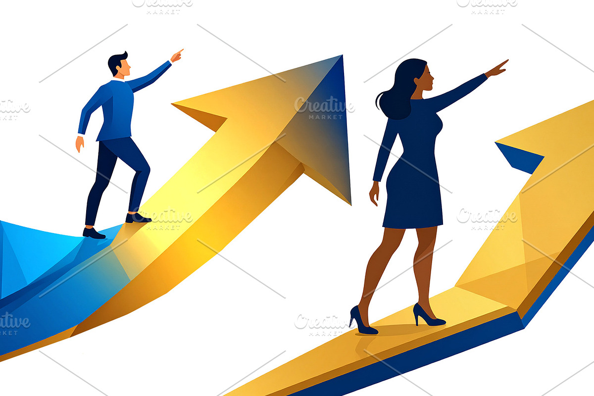 Executives standing confidently at top a large upward arrow, a Finance Illustration by DanFLCreativo