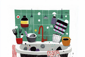 A cluttered kitchen sink overflows, an Object Illustration by Sybillla