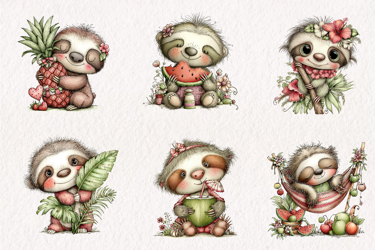 Whimsical Summer Lazy Sloth Clipart, an Illustration by CreationArt (Photo 6 of 7)