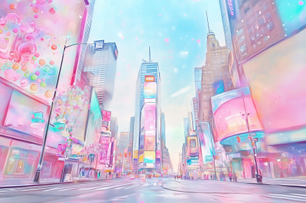 A vibrant, pastel-colored depiction of Times Square, showcasing bright billboar, an Arts & Entertainment Photo by Textures & Backgrounds