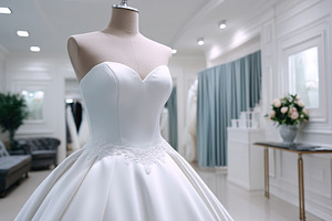 Elegant white gown elegantly displayed on a mannequin in a bridal boutique sett, a Beauty & Fashion Photo by AlyaAnd