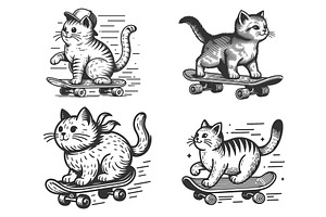 Cat Riding Skateboard engraving, an Animal Illustration by AlexArt