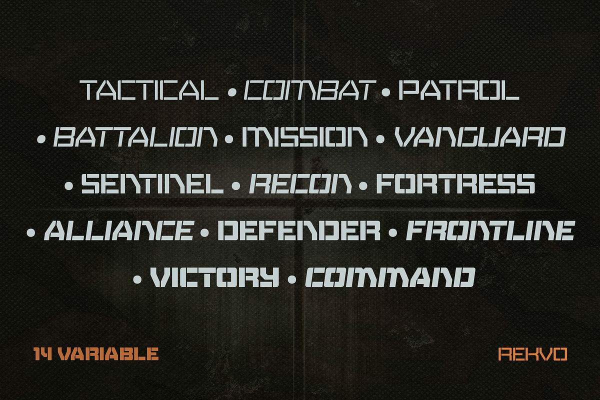 Rekvo – Variable Military Stencil, a Sans Serif Font by Drizy (Photo 2 of 11)