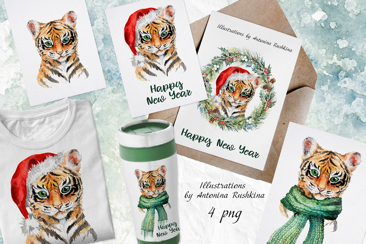 Christmas Watercolor tiger cubs, an Illustration by RushkinaAntonina (Photo 2 of 2)