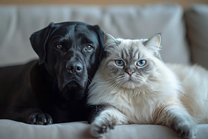 A black Labrador Retriever and a fluffy Himalayan cat share a cozy moment on a, an Animal Photo by ImageMir