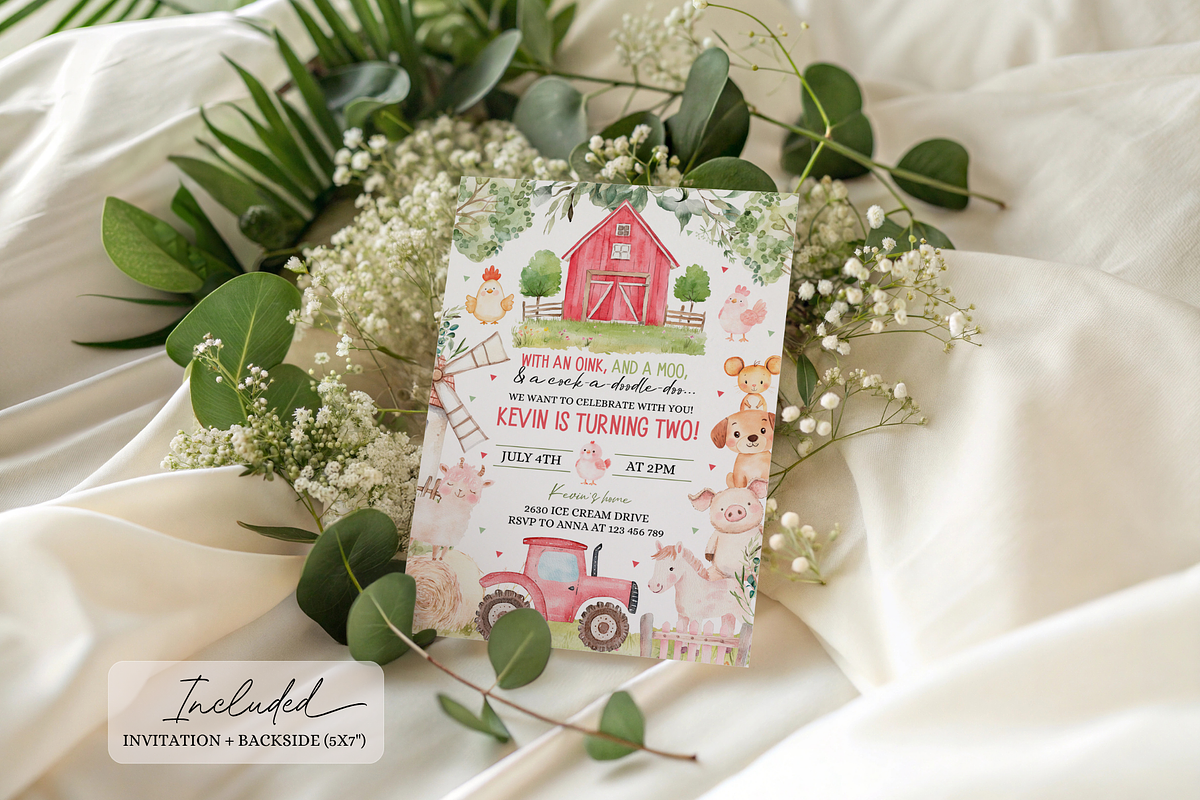 Farm Animals 2nd Birthday Invitation, a Templates & Theme by VeliusCreativeStudio (Photo 2 of 3)