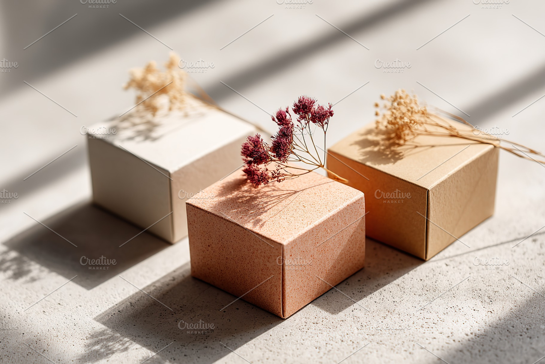 Arrangement of three stylish boxes decorated with dried flowers on a textured s, a Photo by AlyaAnd