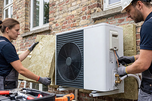 Worker install aerothermal heat pump, a Business Photo by Shootdiem