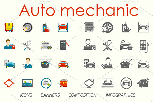 Auto Mechanic Flat Vector Set