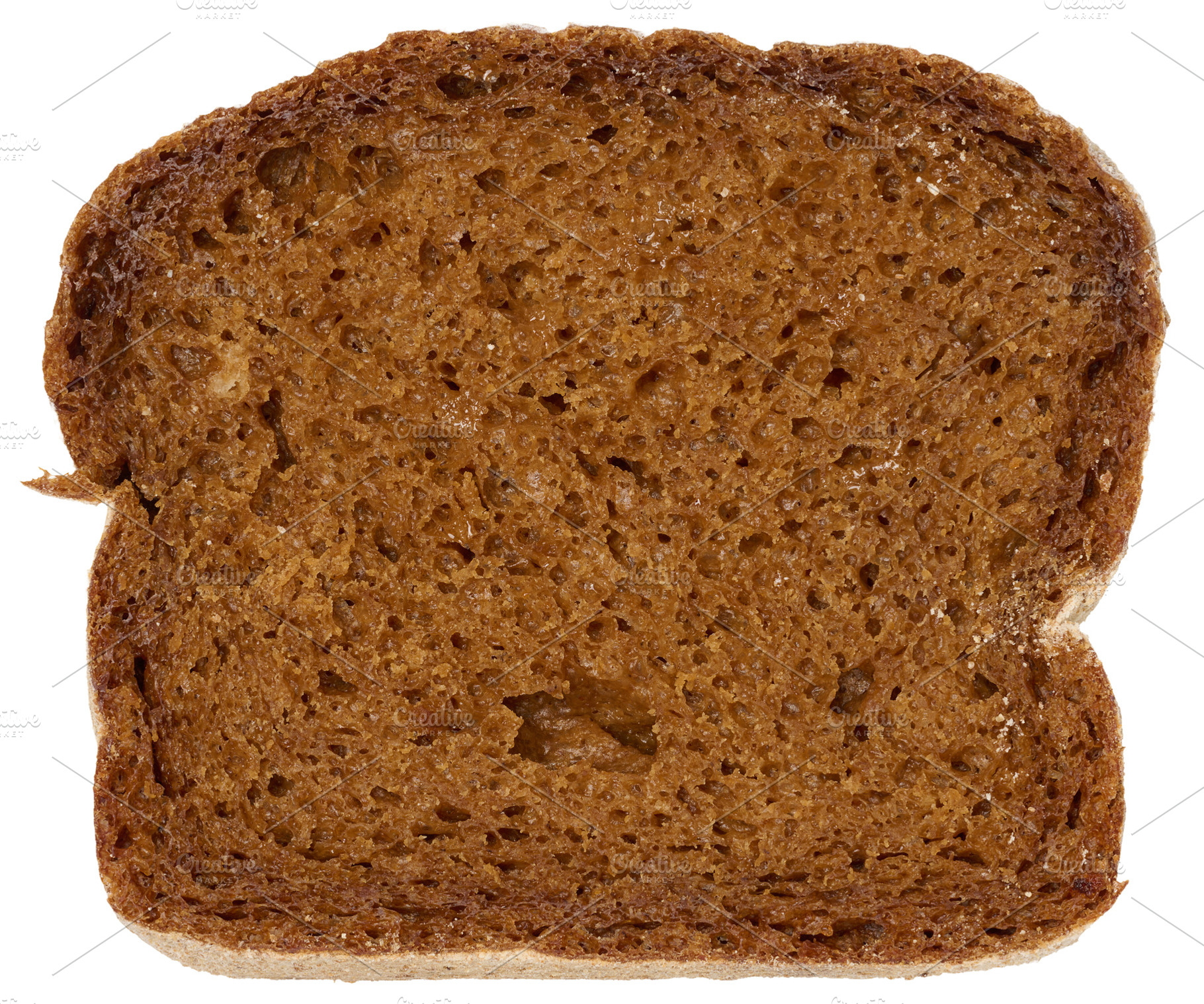 Piece of rye bread on a white isolated background, close up, a Food & Drink Photo by ndanko