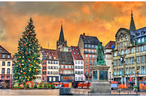Christmas tree and statue of general kleber in strasbourg france stock photo, an Architecture Photo by Leonid Andronov